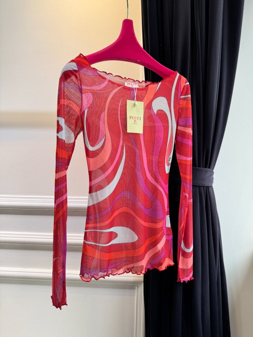 🍓Emilio Pucci Retro Wave Pattern Mesh Top Scalloped Neck & Hem Long Sleeve Shir - Picture 4 of 6